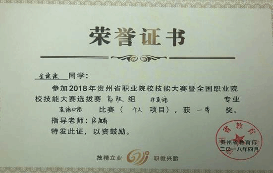 2018年贵州省职业技能大赛非英语专业“英语口语”一等奖金谦谦